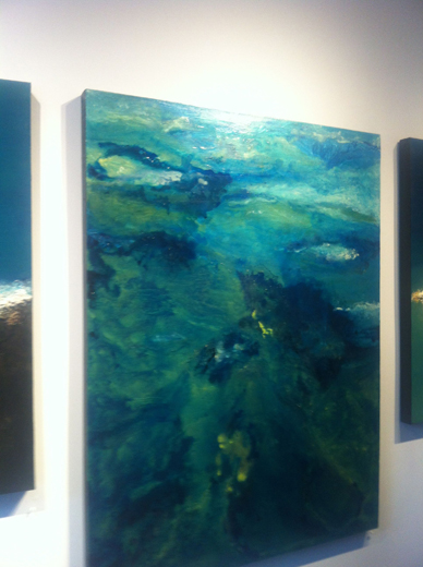 image of water iii mixed media painting hanging on gallery wall